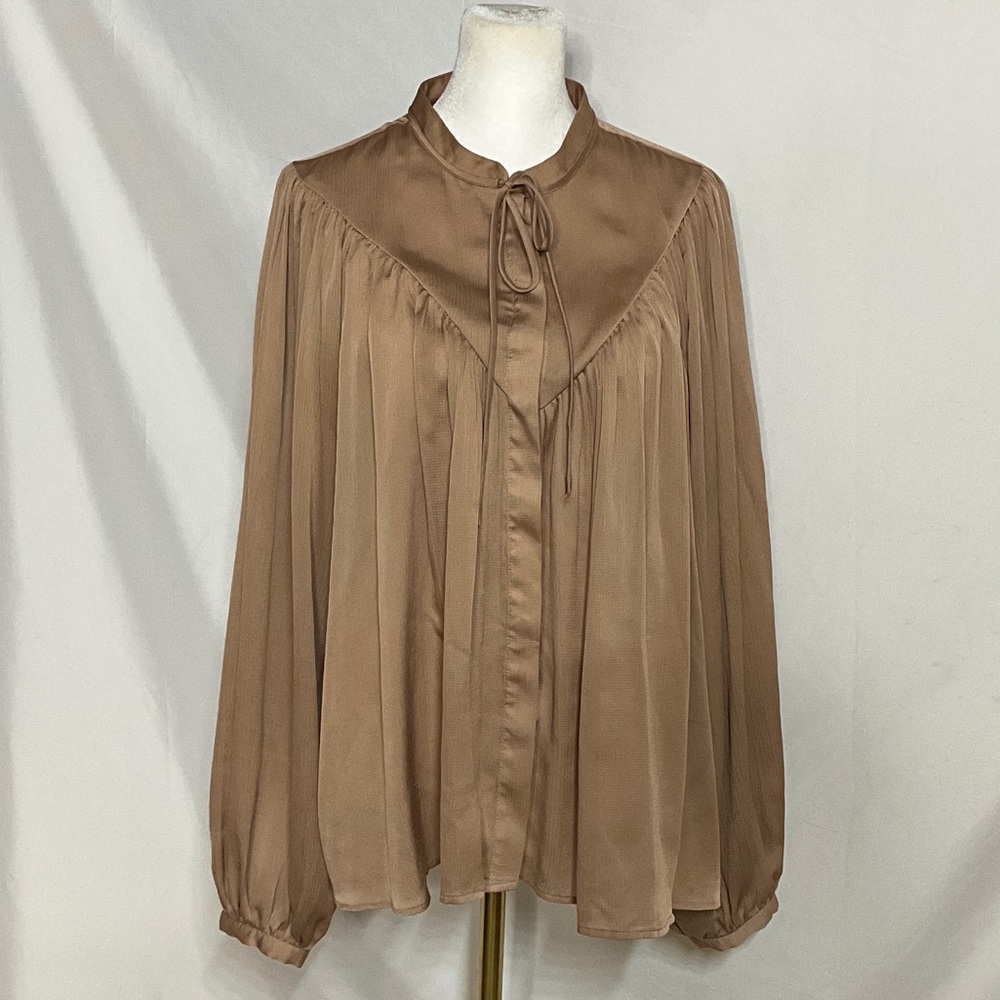 Ann Taylor Tan Blouse with Tie-Neck Long Puffy Sleeves